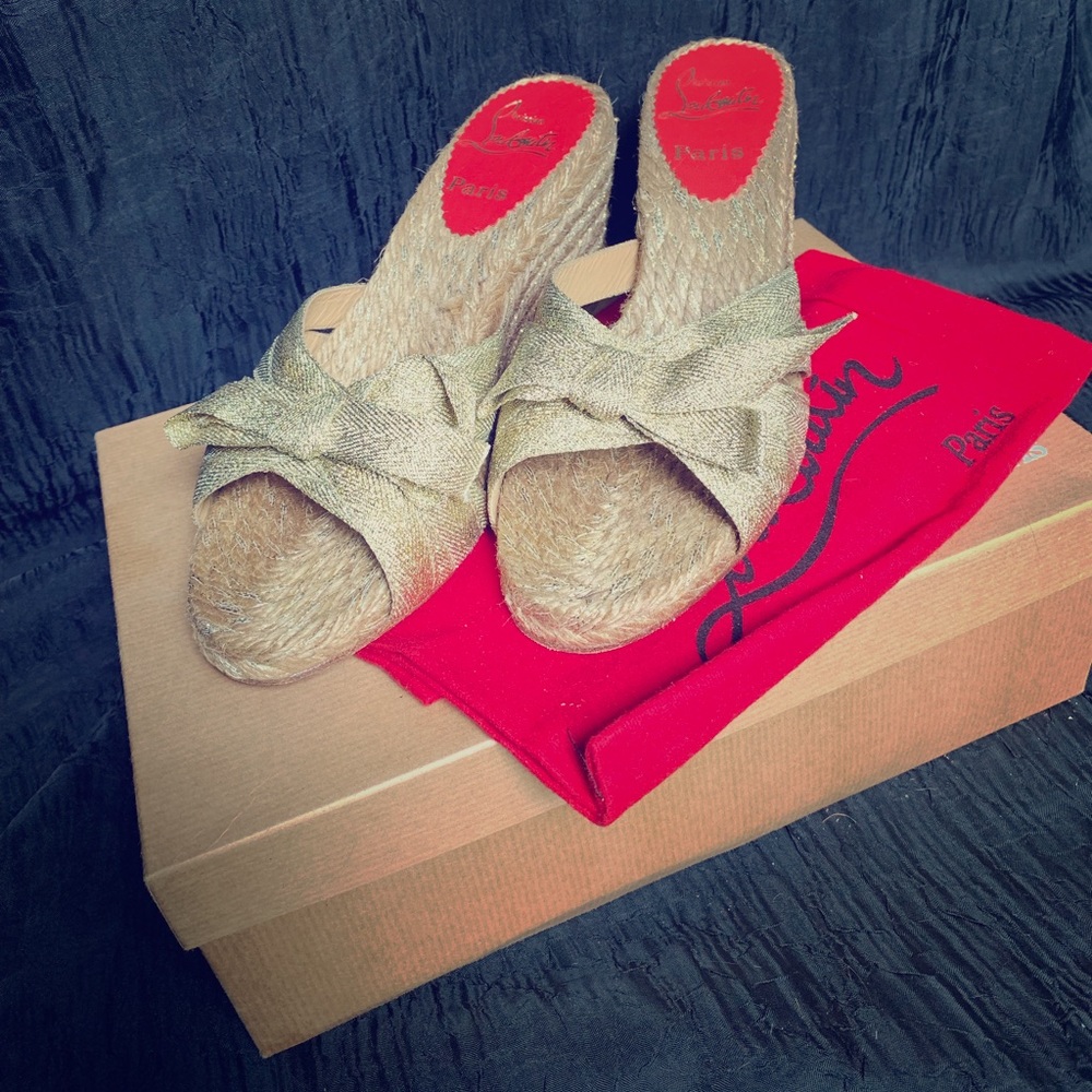 Christian Louboutin Slip on Wedges with Gold Bow